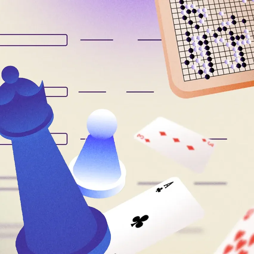 Blue chess queen, white pawn, Ace of Clubs, 3 of Diamonds, Go board with stones.