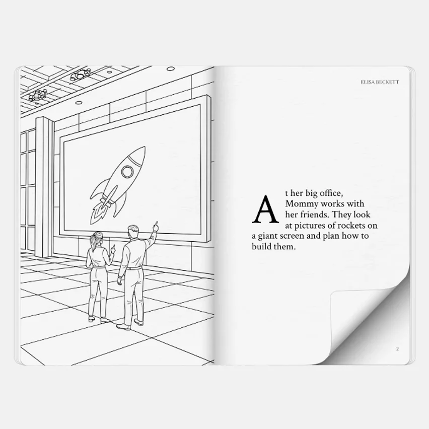 Open book with B&W illustration of two people viewing a rocket on screen, text on right page.