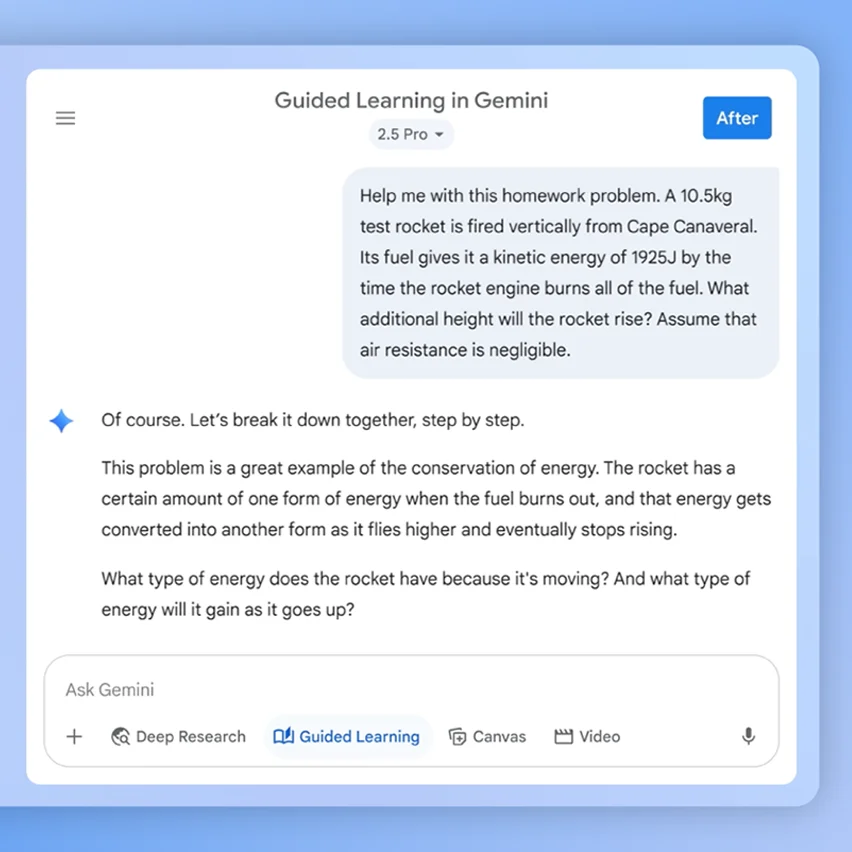 Gemini Guided Learning interface: physics problem, step-by-step explanation, input bar.