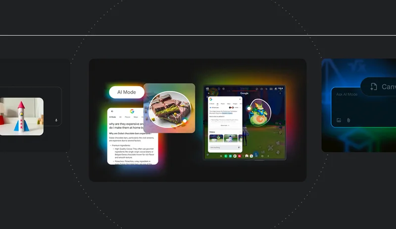 Multiple app windows displaying AI features: chocolate search results, video game character identification, and an 'Ask AI Mode' app.