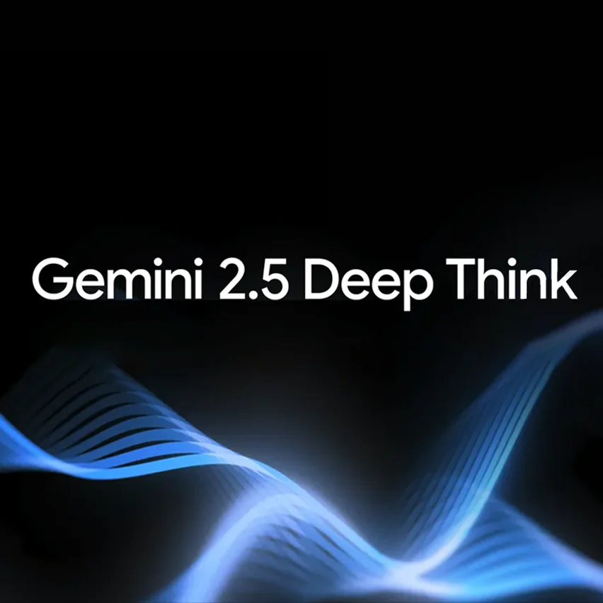 White text 'Gemini 2.5 Deep Think' on black, above a glowing blue wave of horizontal lines.