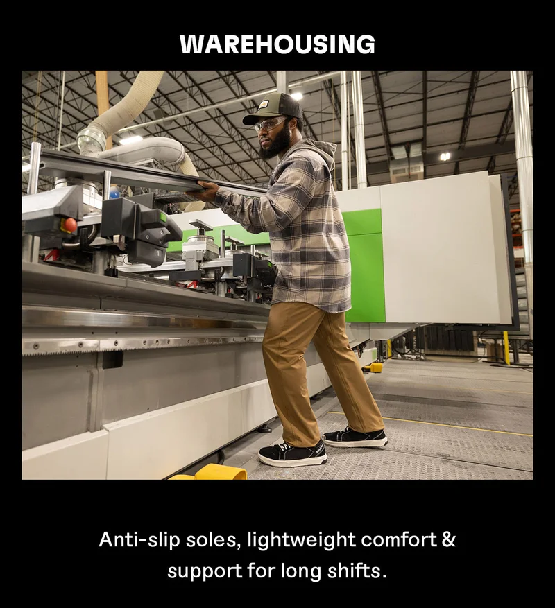 Warehousing. Anti-slip soles, lightweight comfort & support for long shifts.