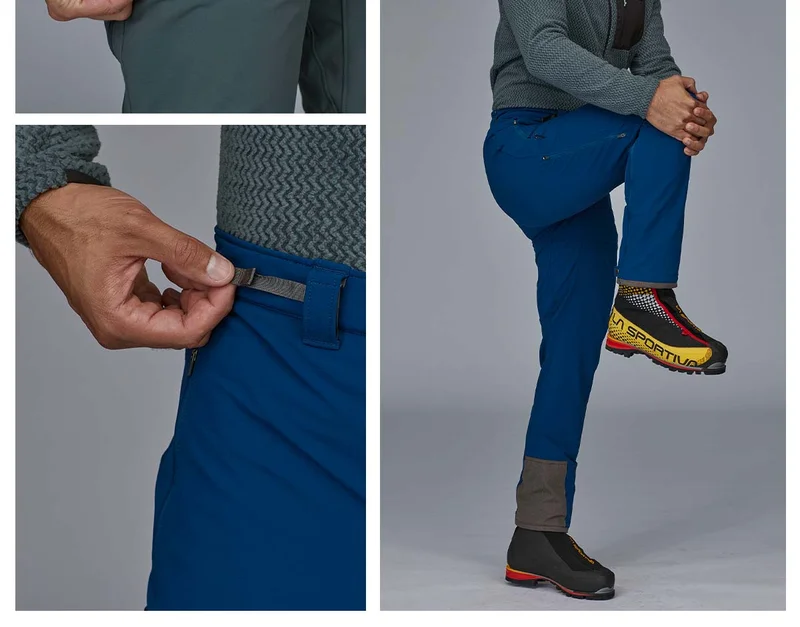 Side cinch under belt loops and a person bending their knee showing the stretchiness of the Alpine Guide Pants.