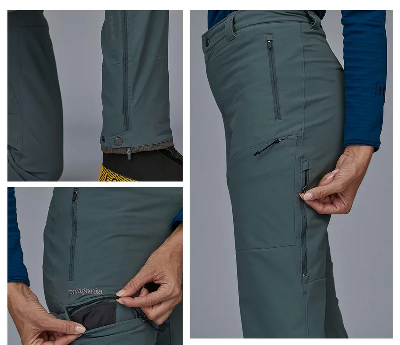 Thigh vent, bottom zipper and side pocket on Alpine Guide pants.