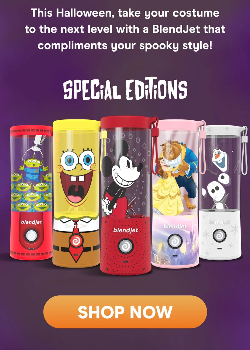 This Halloween, take your costume to the next level with a BlendJet that compliments your spooky style!  Whether you're channeling Disney charm, Turtle Power, or Bikini Bottom silliness, we’ve got a BlendJet that’s perfect for you.