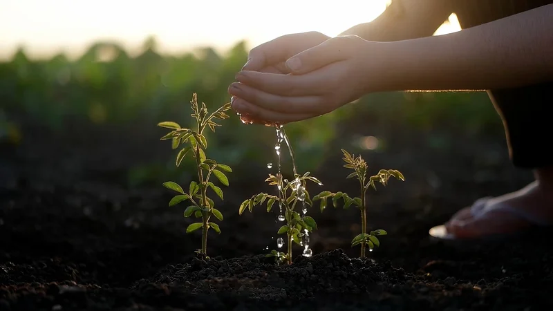 Someone holds water in their hands allowing it to drip onto the earth.