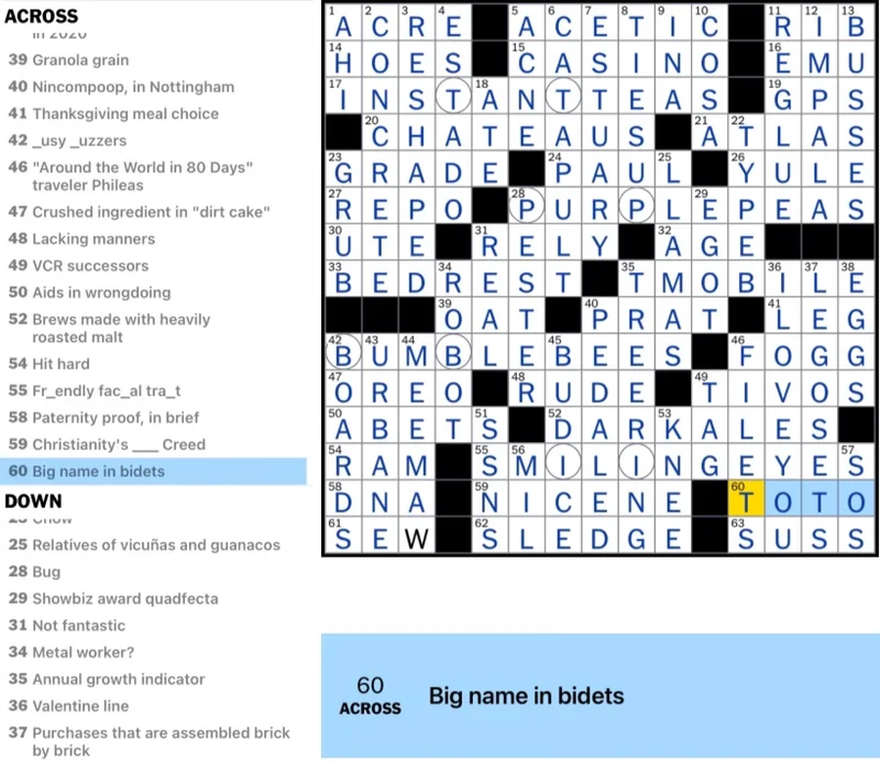 New York Times crossword puzzle that includes "TOTO" as a clue answer