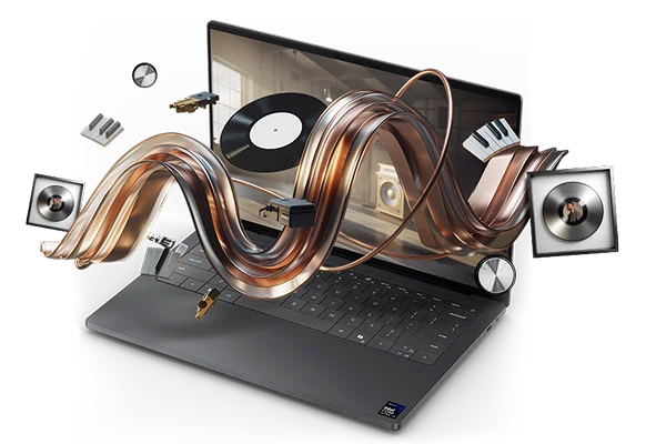 A Dell XPS laptop computer with a variety of creative digital media flowing out of it.