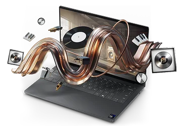 A Dell XPS laptop computer with a variety of creative digital media flowing out of it.