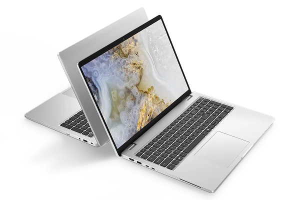 Two Dell Pro 16 Laptop computers arranged back-to-back on a gray background.