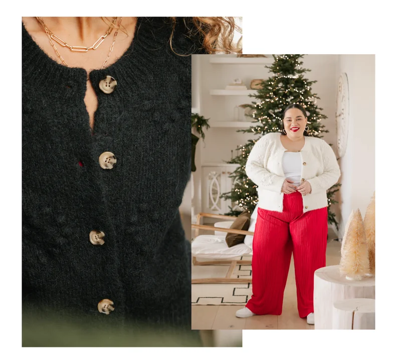 collage of woman cream knitted cardigan and red pants in front of christmas tree
