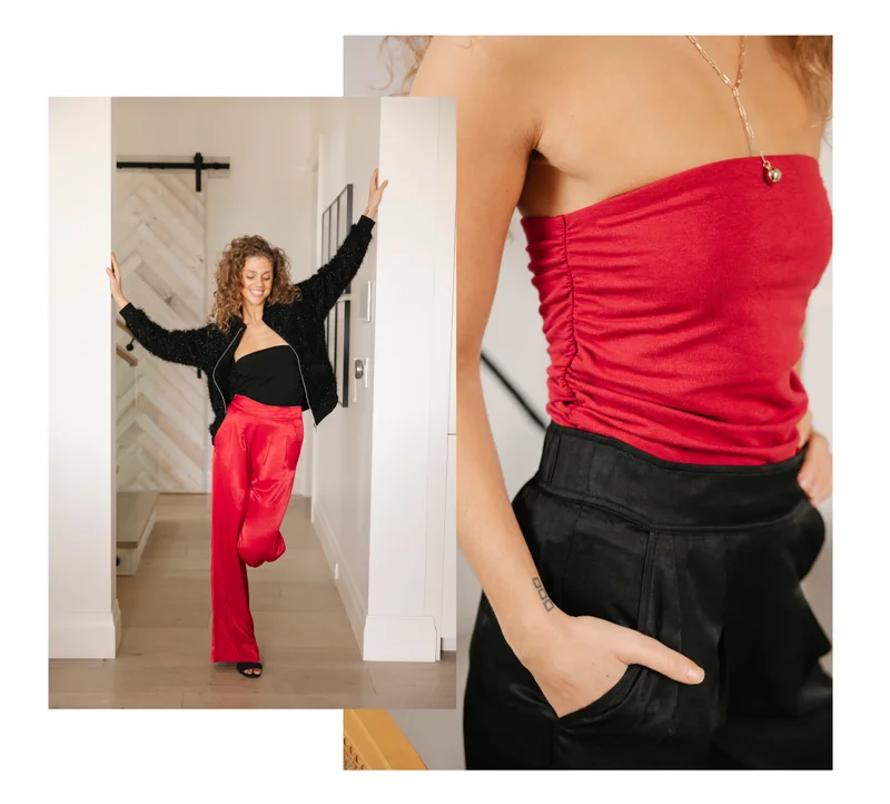 collage of woman wearing red and black sparkly holiday outfits in white hallway