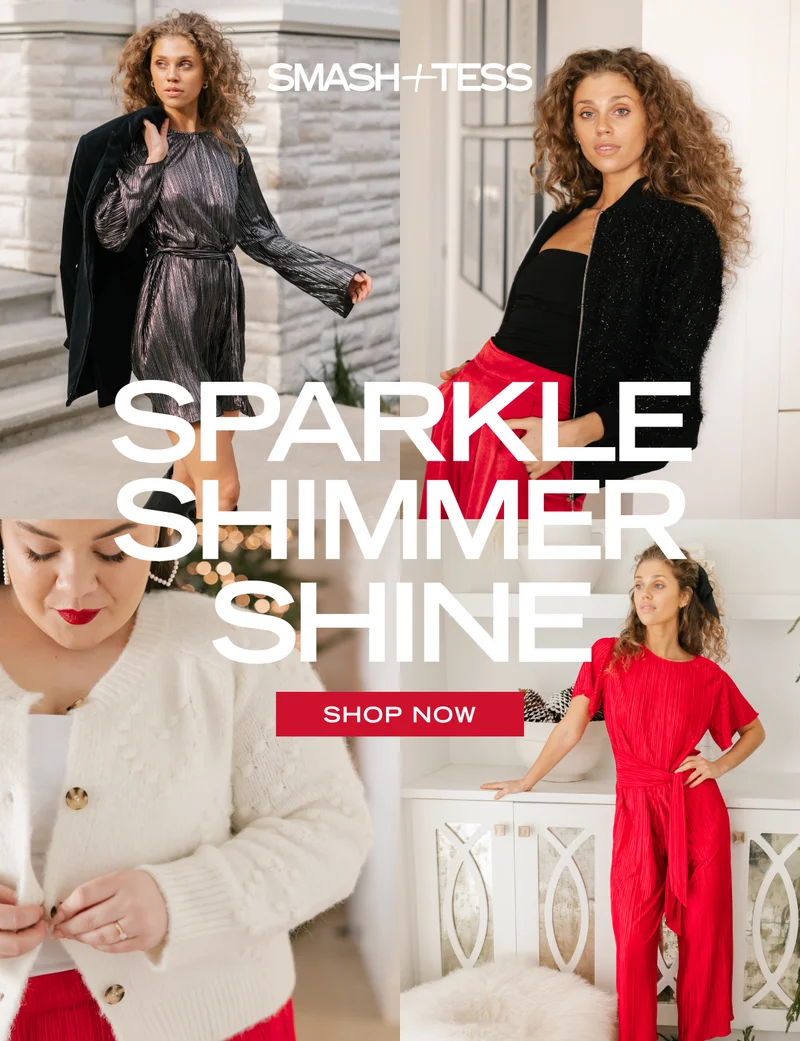 collage of women wearing cream, red and silver holiday outfits with text 'sparkle, shimmer, shine - shop now'