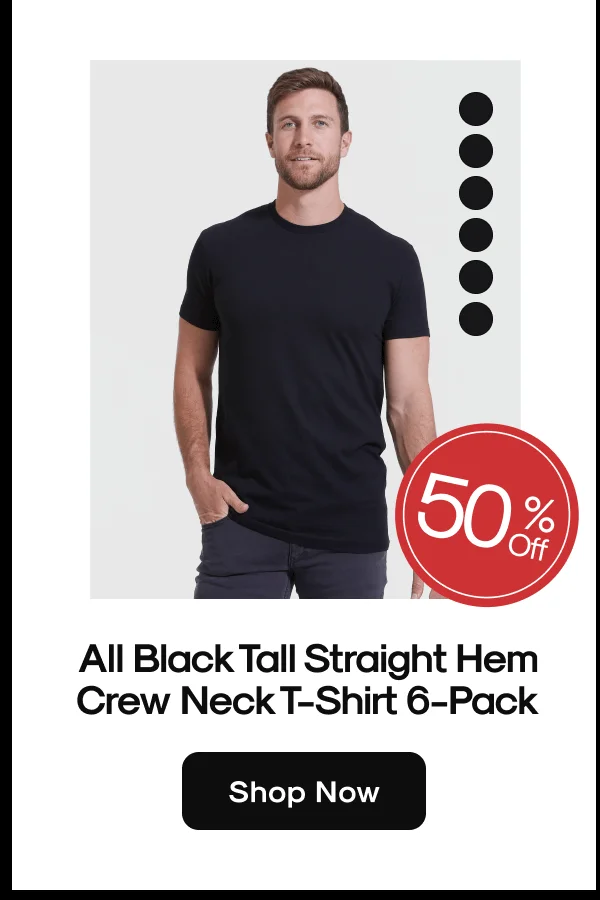 All Black Tall Straight Hem Crew Neck T-Shirt 6-Pack