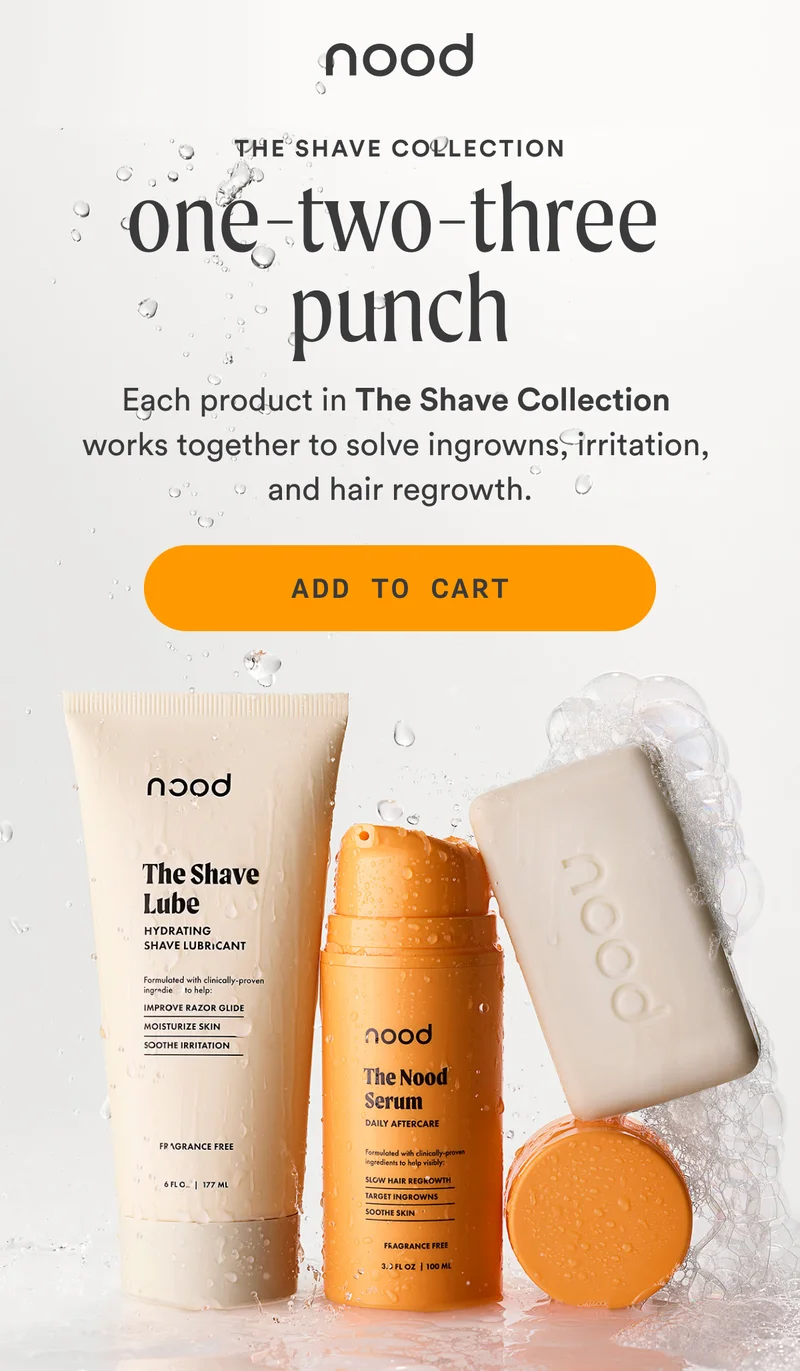 Eyebrow: The Shave Collection H1: One-Two-Three Punch S1: Each product in The Shave Collection works together to solve ingrowns, irritation, and hair regrowth. CTA1: ADD TO CART