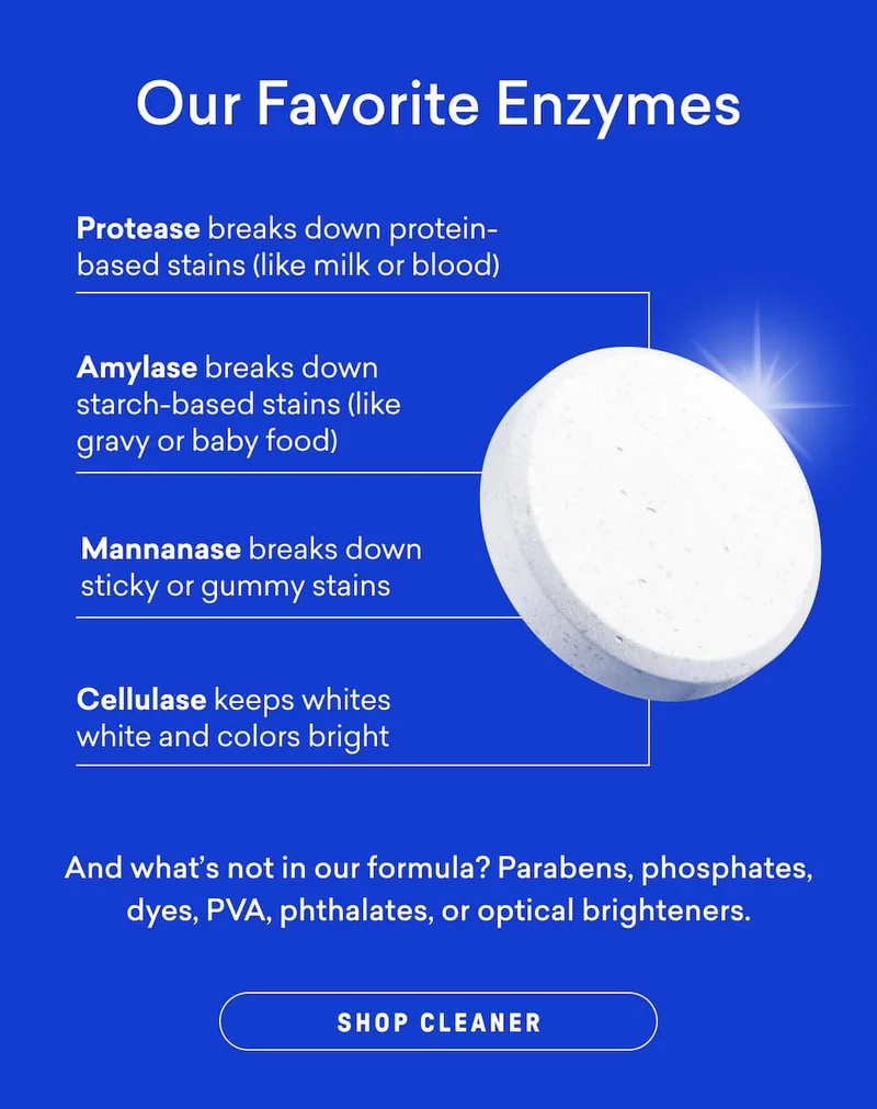 Our Laundry Detergent Tablets have 4 enzymes - what they don't have? Parabens, phosphates, dyes, PVA and optical brighteners.