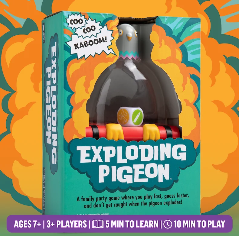 EXPLODING PIGEON | A family party game where you play fast, guess faster, and don't get caught when the pigeon explodes! | AGES 7+ | 3+ PLAYERS | 5 MIN TO LEARN | 10 MIN TO PLAY