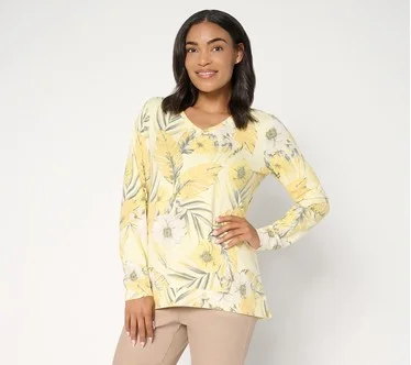 Denim & Co. Soft Blend Knit Printed Long Sleeve V-Neck Top