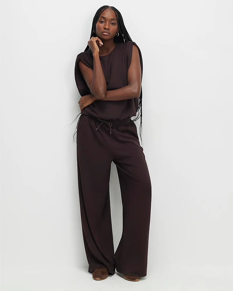 Womens Brown High Waisted Premium Wide Leg Joggers