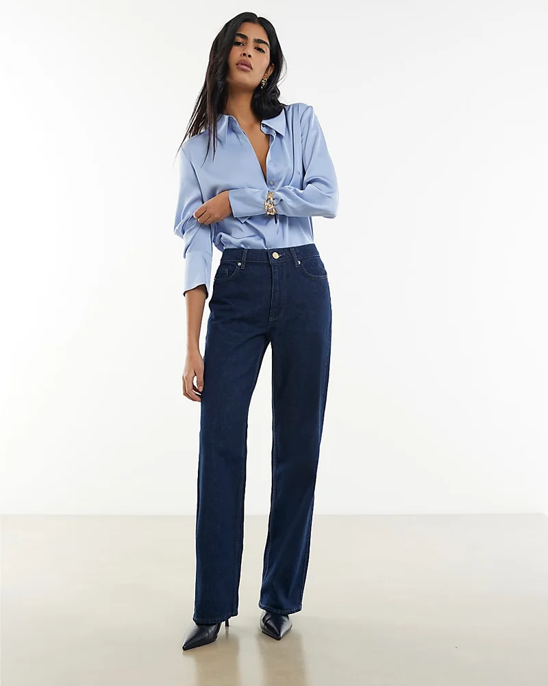 Womens Blue Relaxed Straight Leg Jeans