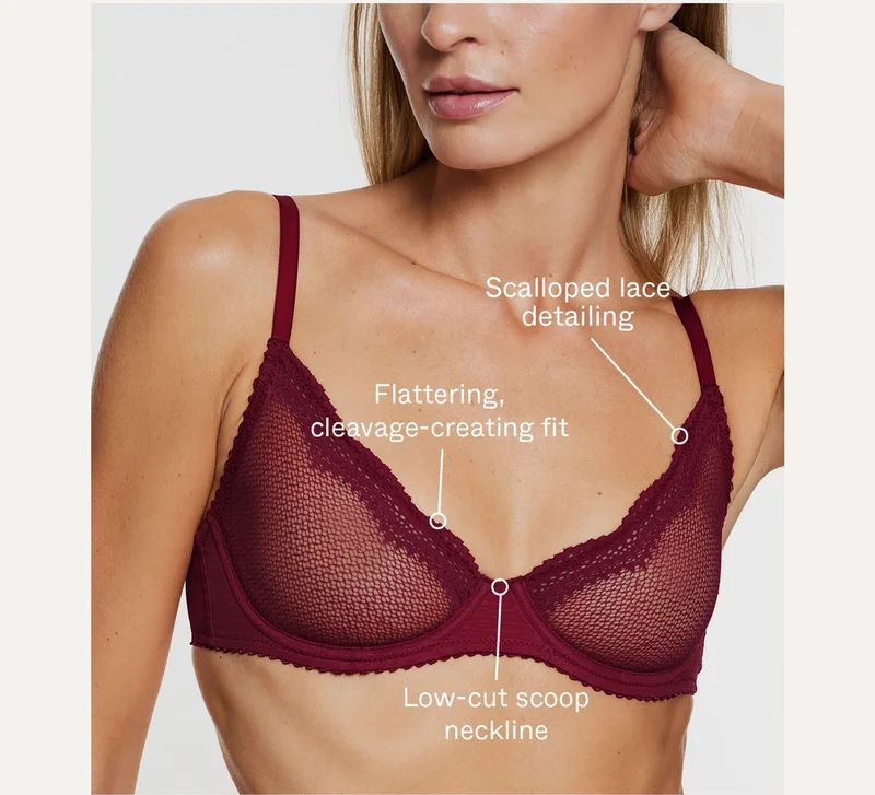 Low-cut scoop neckline, Scalloped lace detailing with contrast piping, Flattering, cleavage-creating fit