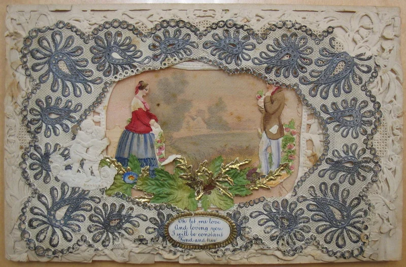 Ornately decorated card with inset image of a man and woman above an inscription
