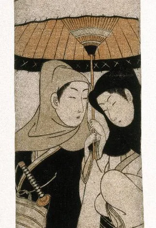 Woodblock print of two people below an umbrella