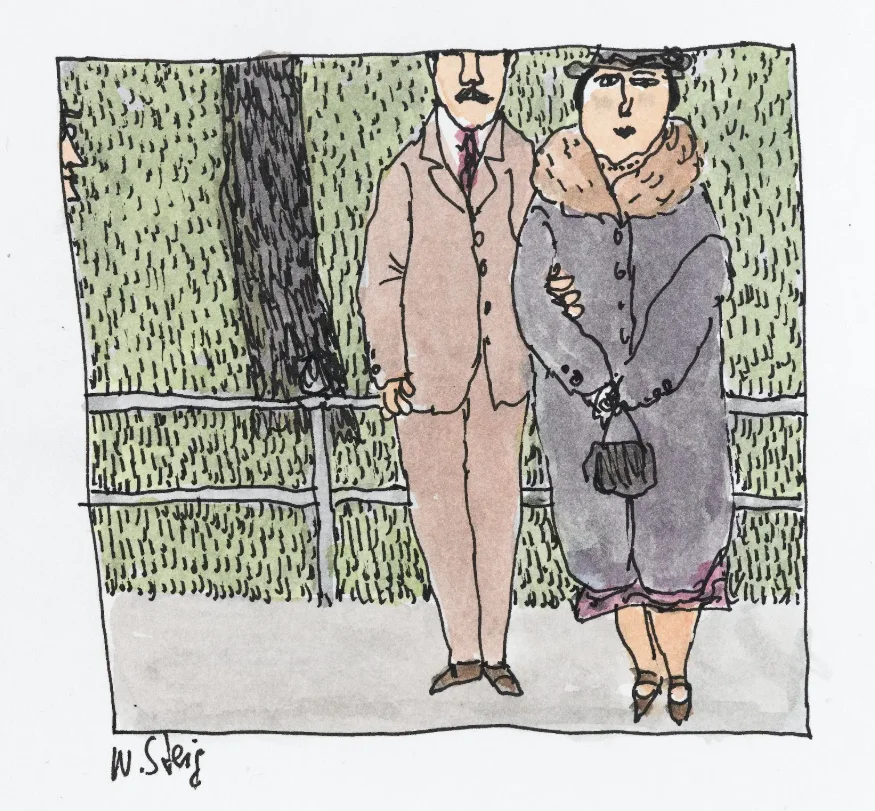 Illustration of a man and woman arm-in-arm