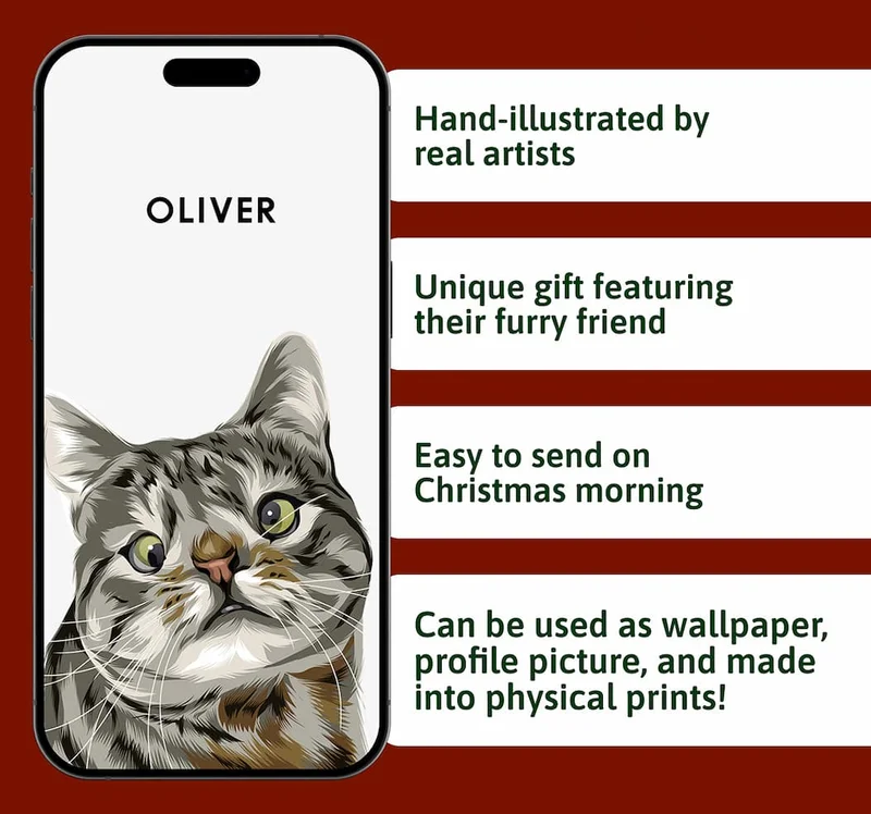 - Hand-illustrated by real artists - Unique gift featuring their furry friend - Easy to send on Christmas morning - Can be used as wallpaper, profile picture, and made into physical prints!
