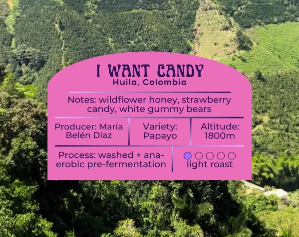 I Want Candy — Huila, Colombia. Notes: wildflower honey, strawberry candy, white gummy bears. Producer: María Belén Díaz. Variety: Papayo. Altitude: 1800m. Process: washed + anaerobic pre-fermentation. Light roast. Displayed over an aerial photo of lush green Colombian coffee farms.