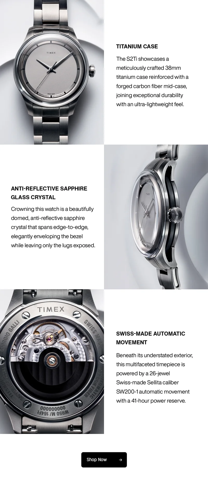 TITANIUM CASE - The S2Ti showcases a meticulously crafted 38mm titanium case reinforced with a forged carbon fiber mid-case, joining exceptional durability with an ultra-lightweight feel. | ANTI-REFLECTIVE SAPPHIRE GLASS CRYSTAL - Crowning this watch is a beautifully domed, anti-relective sapphire crystal that spans edge-to-edge, elegantly enveloping the bezel while leaving only the lugs exposed. | SWISS-MADE AUTOMATIC MOVEMENT -  Beneath its understated exterior this multifaceted timepiece is powered by a 26-jewel Swiss-made Sellita caliber SW200-1 automatic movement with a 41-hour power reserve | Shop Now.