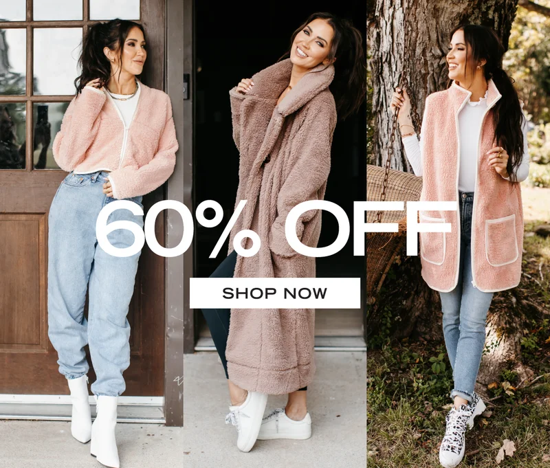 3 models wearing blazer, smart pants and trench coat with text '60% off'