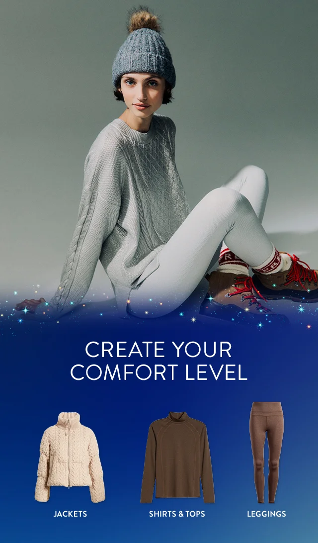A woman wearing a beanie, knit top, leggings and rugged boots. A turtleneck top, zip-up jacket and pair of leggings.