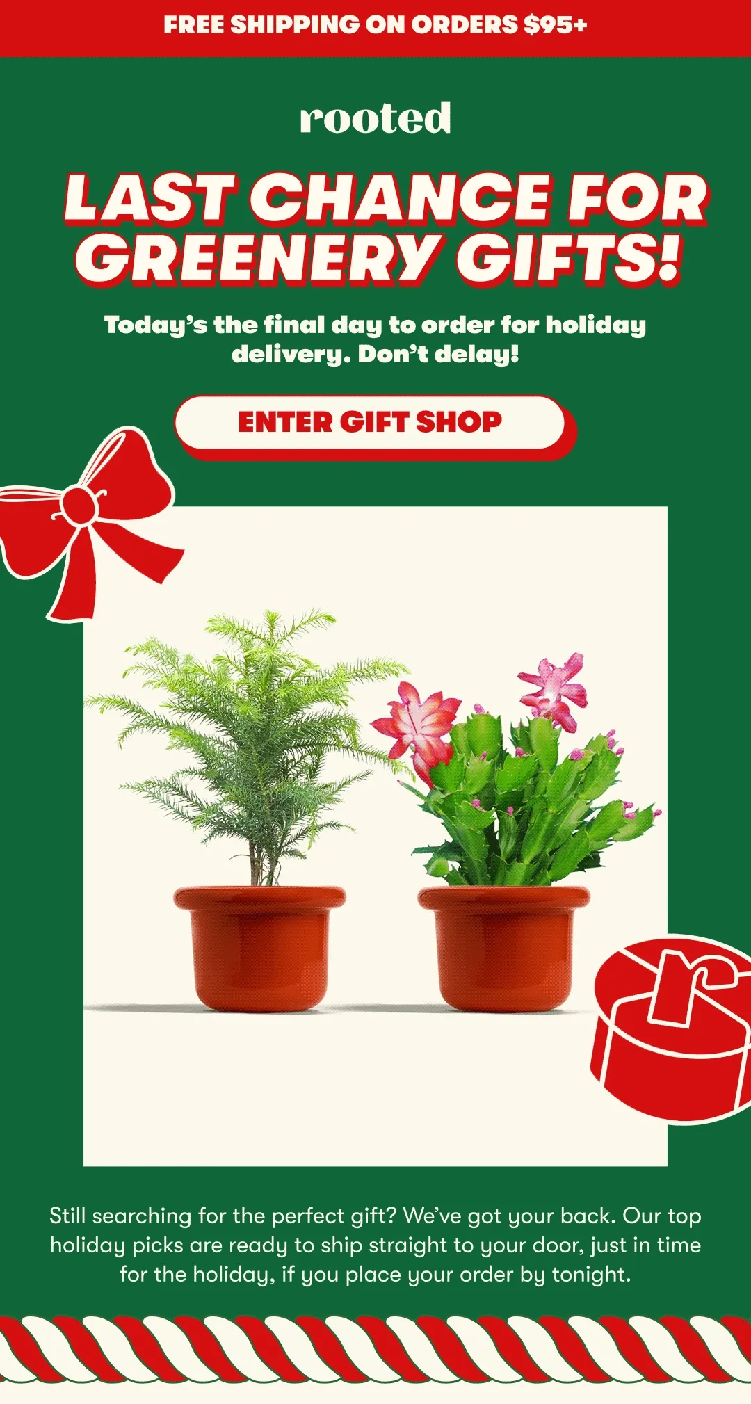 FREE SHIPPING ON ORDERS $95+  Last Chance for Greenery Gifts!  Today’s the final day to order for holiday delivery. Don’t delay!  Still searching for the perfect gift? We’ve got your back. Our top holiday picks are ready to ship straight to your door, just in time for the holiday, if you place your order by tonight. [ENTER GIFT SHOP]