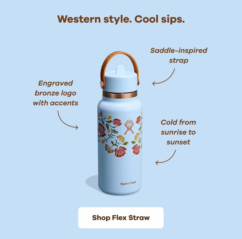 Western style. Cool sips. Engraved bronze logo with accents. Saddle-inspired strap. Cold from sunrise to sunset. | Shop Flex Straw