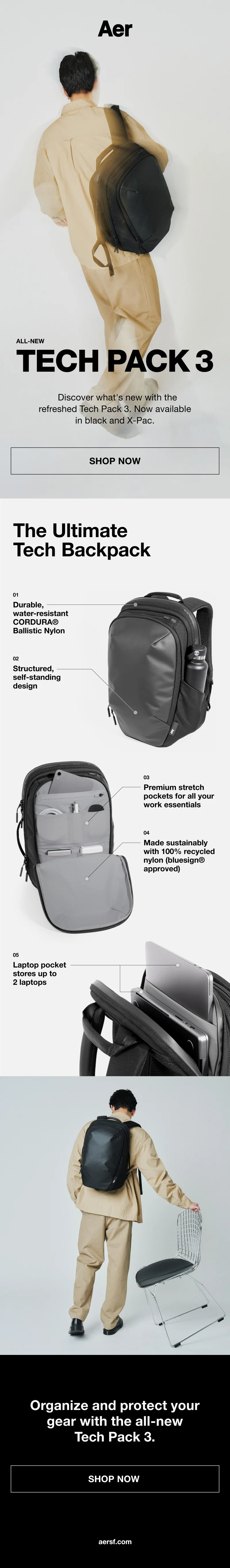 Detailed images of the all-new Aer Tech Pack 3 laptop backpack
