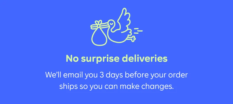 No surprise deliveries. We'll email you 3 days before your order ships so you can make changes.