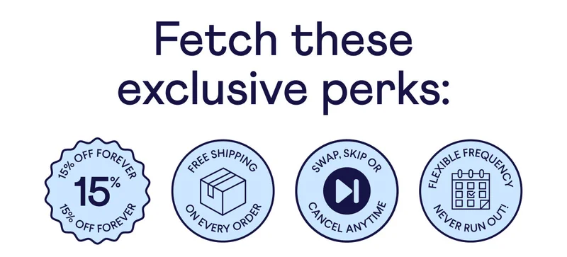 Fetch these exclusive perks: 15% off forever badge, free shipping on every order badge, swap, skip, or cancel anytime badge, flexible frequency/ never run out badge.