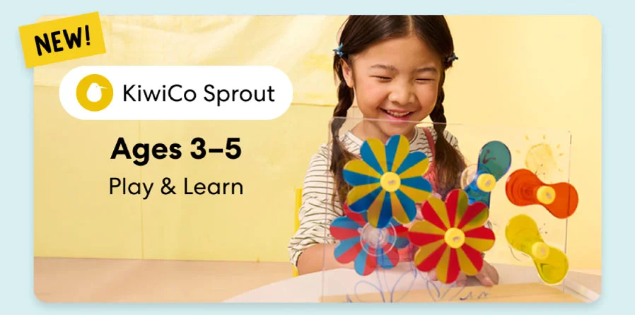 Young child smiling while working on creative KiwiCo Sprout projects, perfect for ages 3–5 for play and learn.
