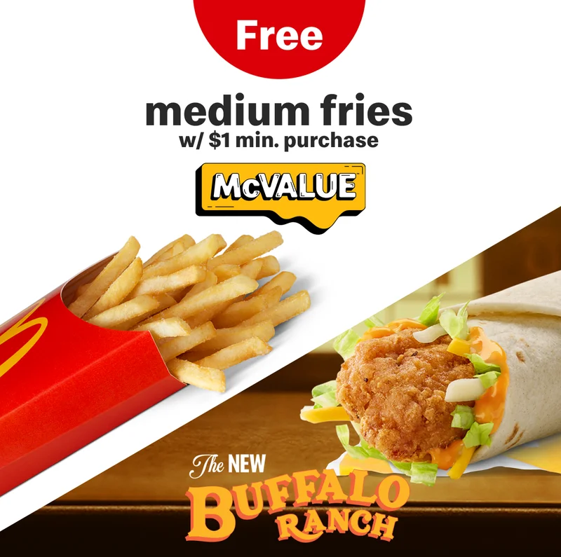 Get free medium fries with a $1 minimum purchase in the app.