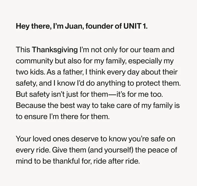 A meaningful letter from Juan, founder of UNIT 1, for Thanksgiving.