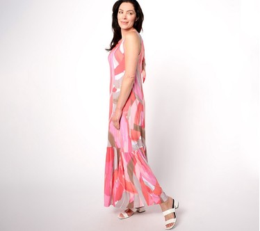 Susan Graver Petite Printed Liquid Knit A-Line Back Tie Maxi Dress