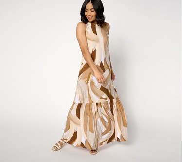 Susan Graver Regular Printed Liquid Knit A-Line Back Tie Maxi Dress