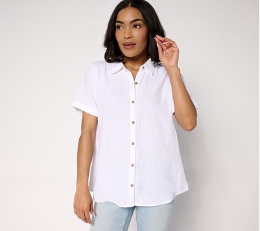 Susan Graver PURE Petite Cotton Gauze Button Front Tunic