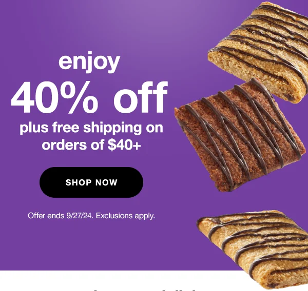 enjoy 40% off plus free shipping on orders of $40+