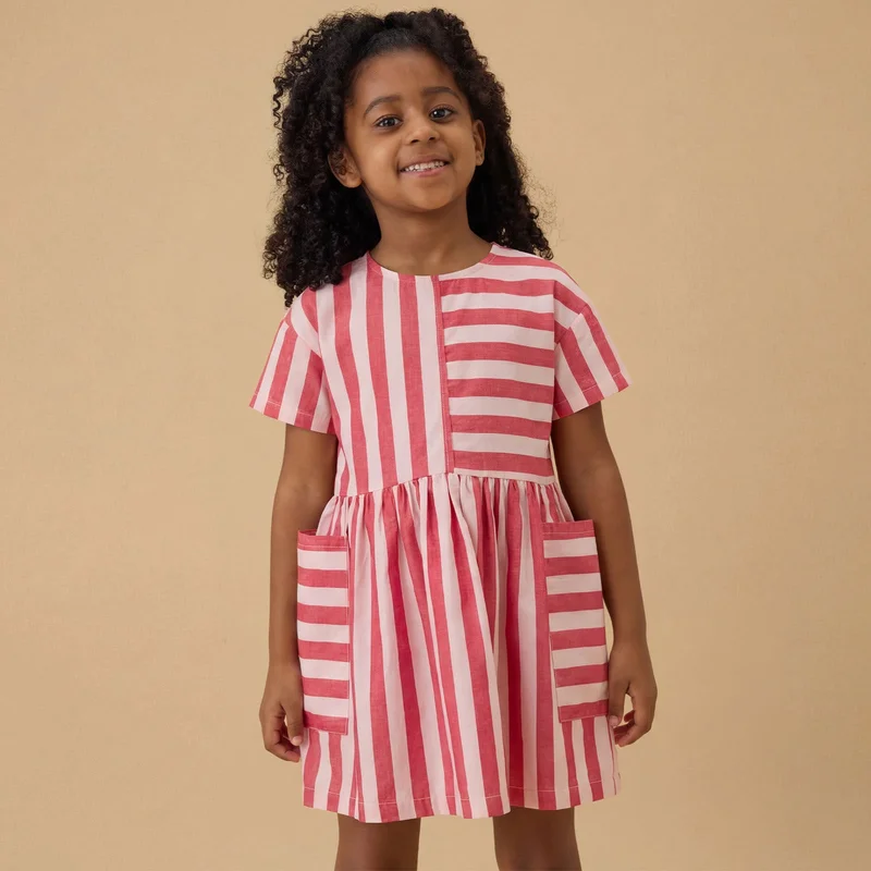 KIDLY by MORI Red Striped Cotton Dress