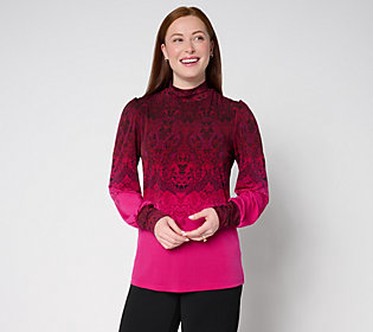 Susan Graver Printed Liquid Knit Mock Neck Top w/ Blouson Slvs