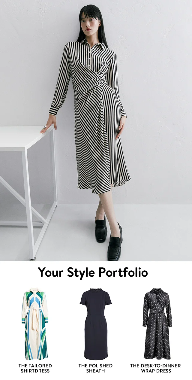 A woman wearing a striped shirtdress and black loafers. Product shots of a sheath dress, shirtdress and wrap dress.