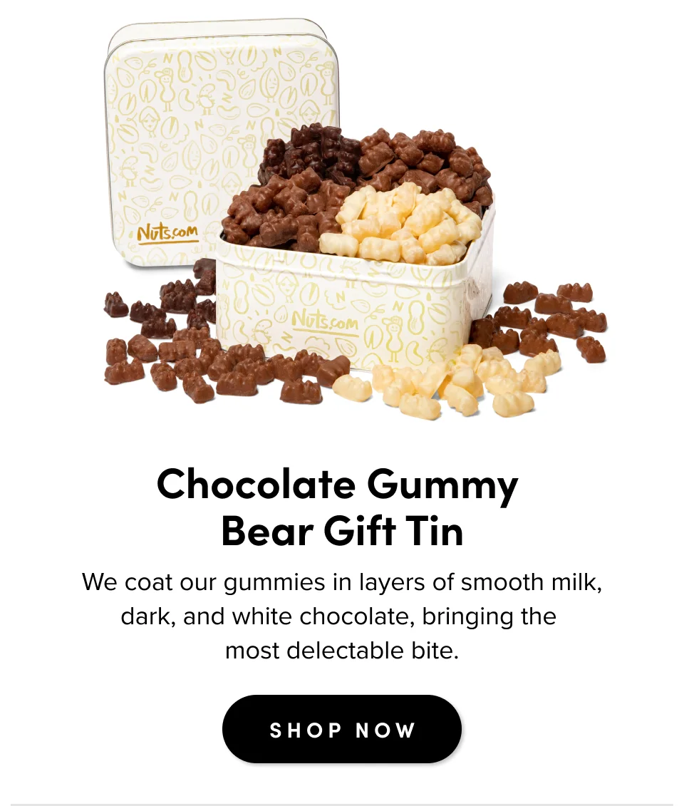 Chocolate Gummy Bear Gift Tin We coat our gummies in layers of smooth milk, dark, and white chocolate, bringing the most delectable bite. SHOP NOW