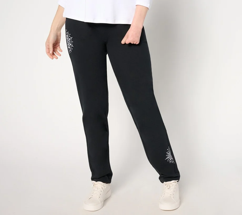 Quacker Factory DreamJeannes Short Web Emboirdered Straight Pants